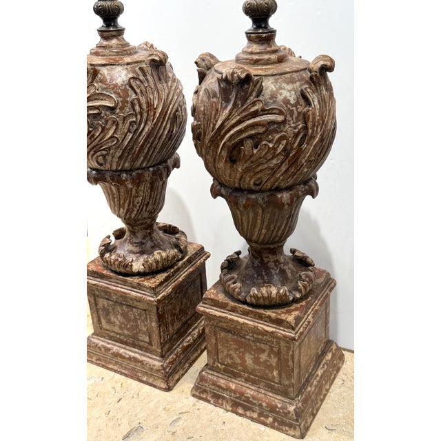 Pair of Italian Baroque Style Carved & Polychromed Wood Urns, Now as Lamps For Sale - Image 12 of 18