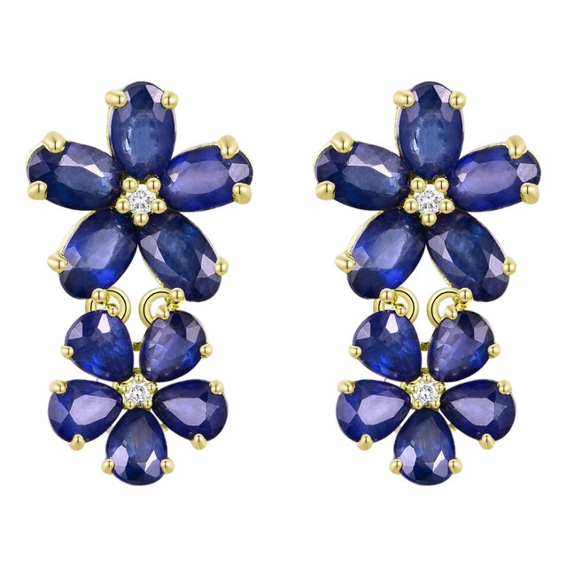 Nina Zhou 4.92ctw Blue Sapphire & Diamond Double Blossom Drop Earrings For Sale