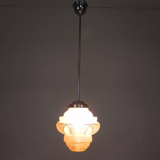 Metal Art Deco Pendant Lamp with Pink Glass Shade, 1930s For Sale - Image 7 of 18