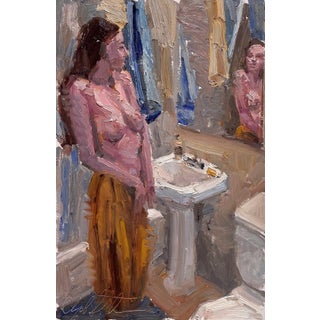 Annunciation by Clyde Steadman | Oil Painting of a woman standing by a bathroom mirror For Sale