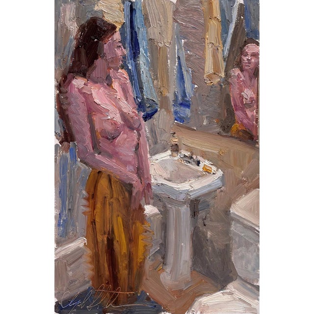 Annunciation by Clyde Steadman | Oil Painting of a woman standing by a bathroom mirror For Sale