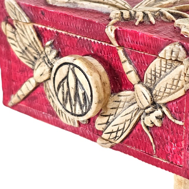 Red Hand-Carved Vietnamese Soapstone Dragonfly Box in Red and Gold Relief For Sale - Image 8 of 12