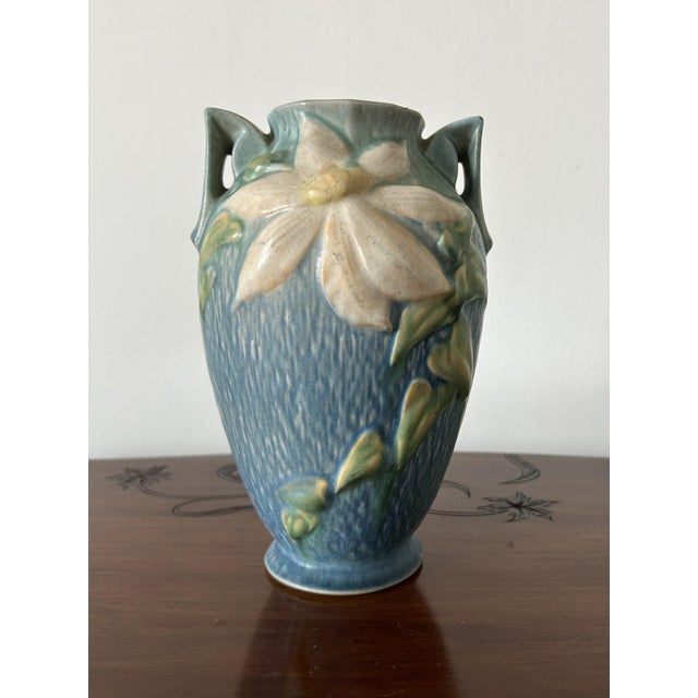 Ceramic Art Deco Blue Clematis Vase by Roseville, 1930s For Sale - Image 7 of 8