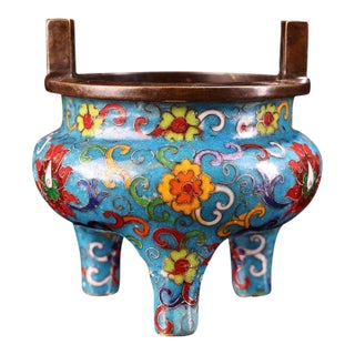Vintage Cloisonne Enamel Incense Burner – 5.1" Gilt Tripod Censer With Twin Handles For Sale