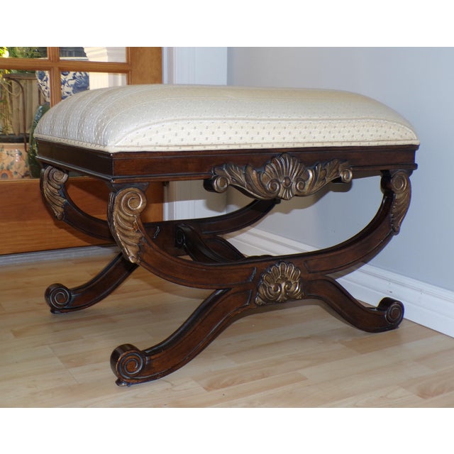 Casa Stradivari Casa Stradivari Neoclassical Style Curule Bench Upholstered Ottoman Stool For Sale - Image 4 of 11