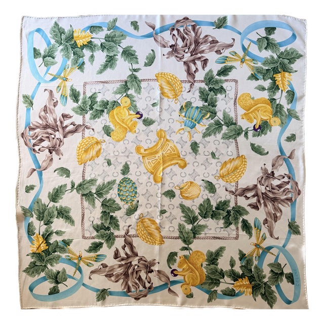 Celine Silk Scarf Squirrel in Foliage 1980 For Sale
