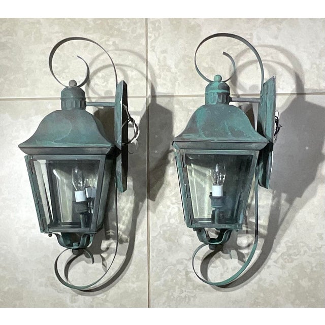 Pair of Vintage Solid Brass Outdoor Wall Lanterns - 22”h X 7”.5 W X 7”.5 D For Sale In Miami - Image 6 of 15