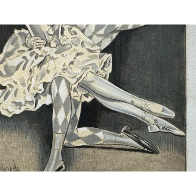 Illustration 1940s Original Signed Graphite Illustration of Harlequin and Ballerina Dancers, 9.25 X 7.25 In. For Sale - Image 3 of 6