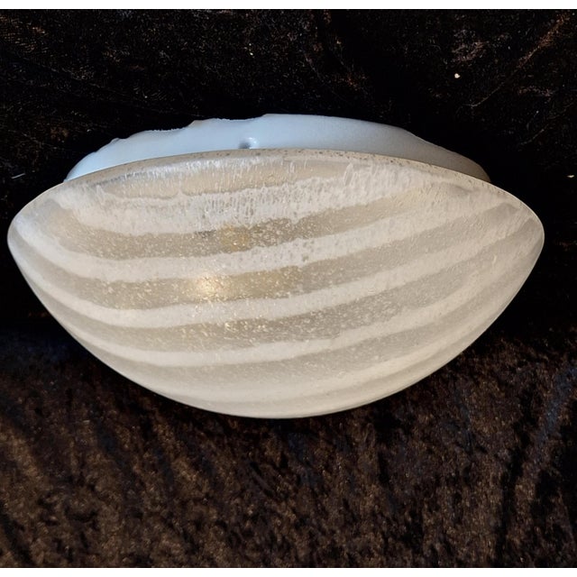 Vintage German Flat Ceiling Lamp with White Striped Frosted Glass Shade from Peill & Putzler, 2000s For Sale - Image 4 of 8