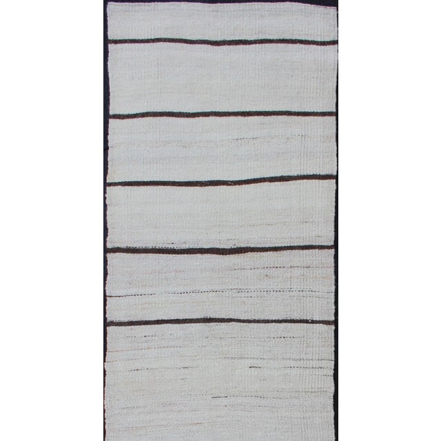 Minimalist Design Vintage Kilim Runner with Stripes in Brown and Ivory. Keivan Woven Arts / Rug EN-2171, country of origin...