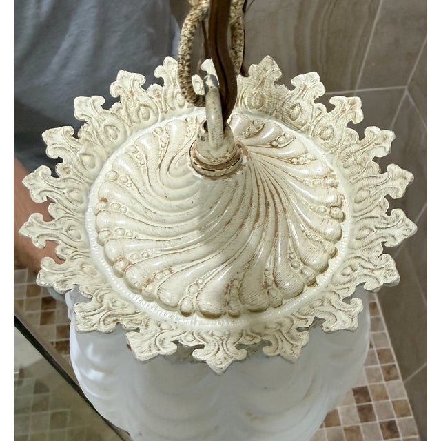 1960s Hollywood Regency Mid Century Swag Two-Light Ceiling Fixture - White Frosted Ruffled Drapery Shades For Sale In Charlotte - Image 6 of 12