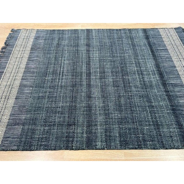 Contemporary 6x9 Blue Flat Weave Wool Banded Diamond Border Geometric Modern Carpet Rug For Sale - Image 3 of 6