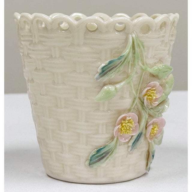 Figurative Vintage Belleek Ireland Porcelain Floral Basketweave Motif Spill Vase For Sale - Image 3 of 7