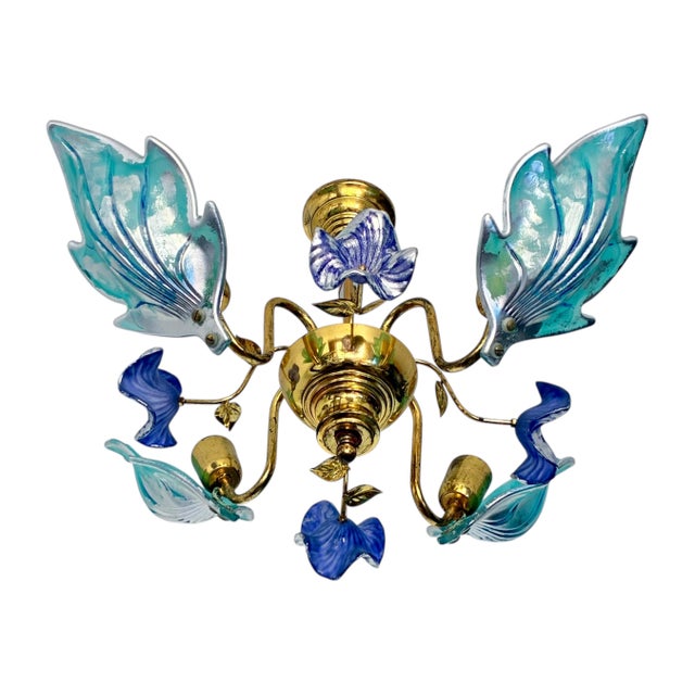 Art Deco Hand Painted Murano Style Glass Leaf Chandelier | Turquoise Purple Silver Art Glass | Vintage Gold Flush Mount Ceiling Light | One of a Kind For Sale - Image 3 of 18