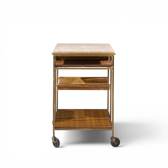 Calvin Paul McCobb for Calvin Irwin Collection Mid Century Travertine, Brass and Mahogany Bar Cart For Sale - Image 4 of 12