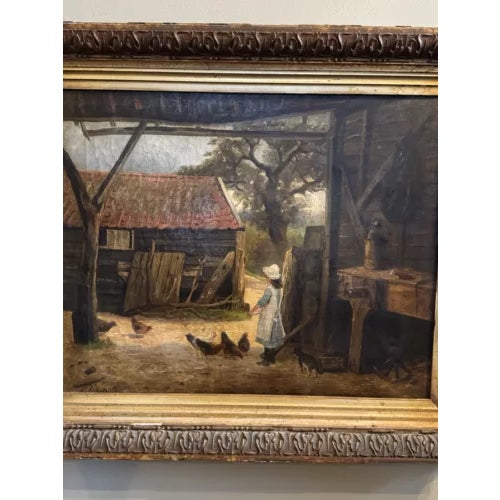 Late 19th Century E. Allum 1886 Oil on Canvas Gathering the Chickens Framed Victorian Painting For Sale - Image 5 of 12