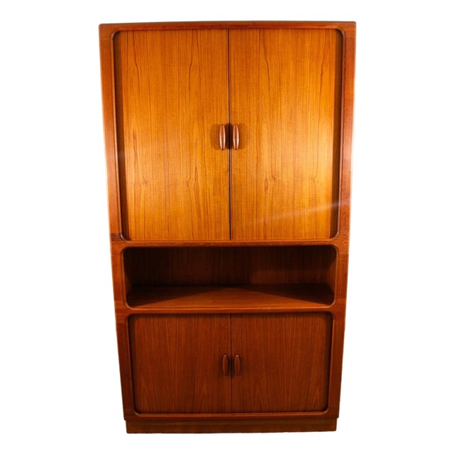 1960s Mid Century Danish Cabinet Dyrlund Teak Wide Storage Tambour Doors Shelving MCM For Sale