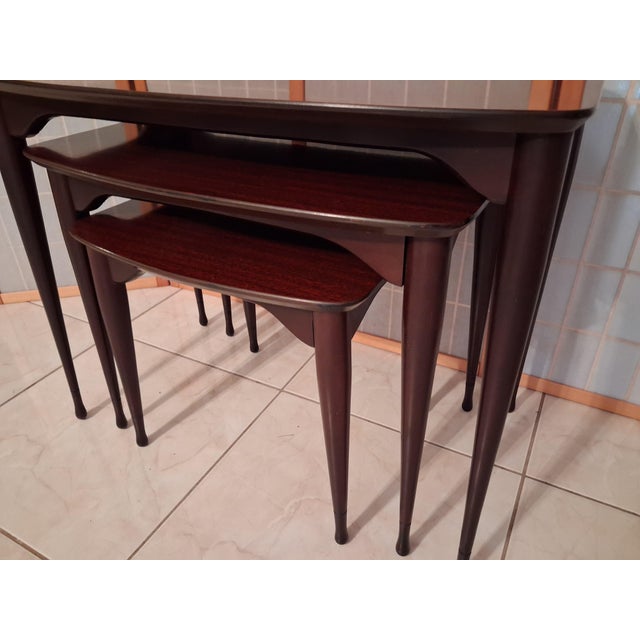 Brown Vintage Mid Century Modern Nesting Tables Set of Three Mahogany With Mahogany Laminate Tops. For Sale - Image 8 of 17