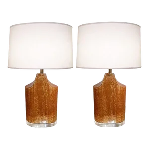 Pair Mid Century Modern Table Lamps, Goatskin and Lucite, Manner Karl Springer