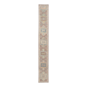 Long Turkish Oushak Runner in Pale Taupe With Blue and Soft Green Motifs