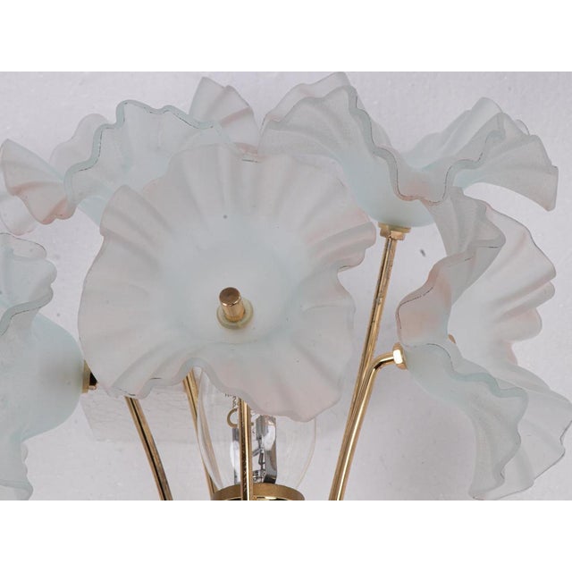 Elegant vintage mid century hibiscus flower bouquet art-glass wall sconces with turquoise glass flowers on a brass frame....