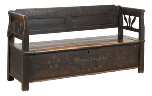 Original Hand-Painted Hungarian Pine Folk Art Storage Bench Circa 1890-1920