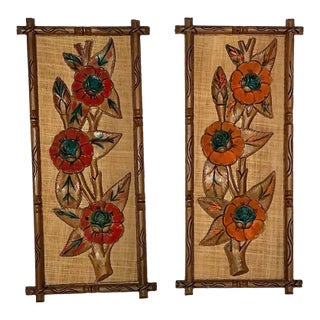 Pair Mid Century Carved Wood Flower Art Wall Hanging Plaques, Tiki Bar Tropical Exotic Decor Circa 50s 60s For Sale