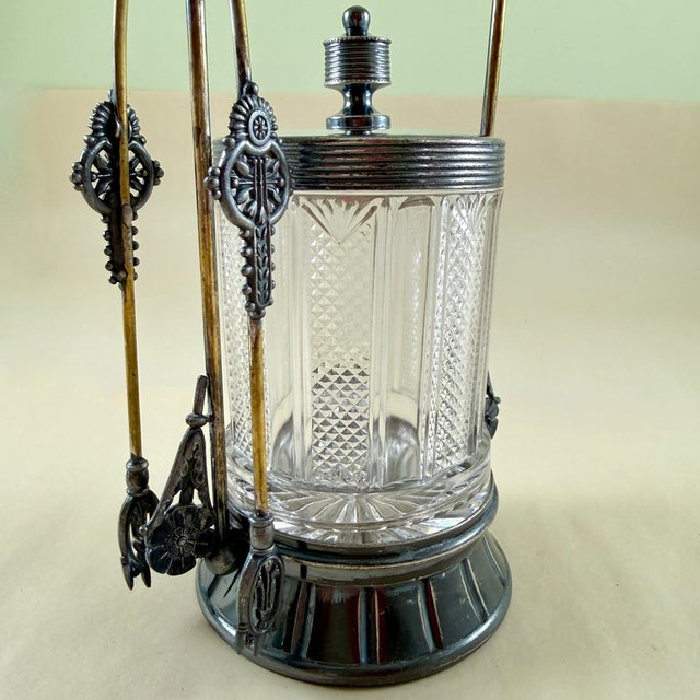 Metal Victorian Era Meriden Silver Plate & Pressed Glass Pickle Castor & Tongs For Sale - Image 7 of 18