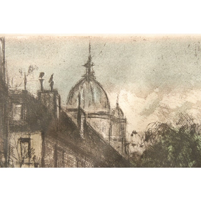 Wood Vintage 20th Century 'Paris' Street Scene Colored Etching, Custom Framed For Sale - Image 7 of 13