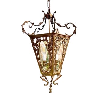Antique Early 20th Century Gilt Brass & Glass Pentagonal Hall Lantern For Sale