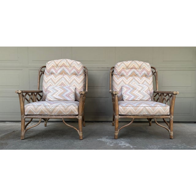 Mid-Century Modern McGuire Pickled Finish Rattan Wing Back Lounge Club Chairs a Pair For Sale - Image 3 of 12