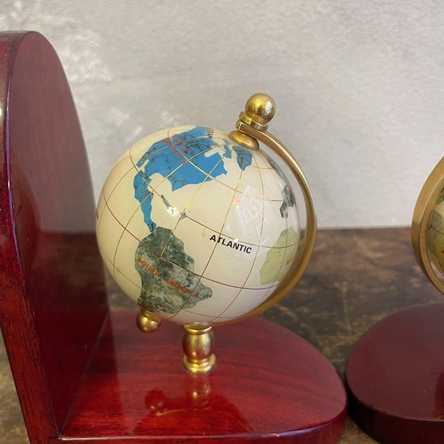 Bookends with Mahogany Globes and Brass Bases, 1980s, Set of 2 For Sale - Image 9 of 18