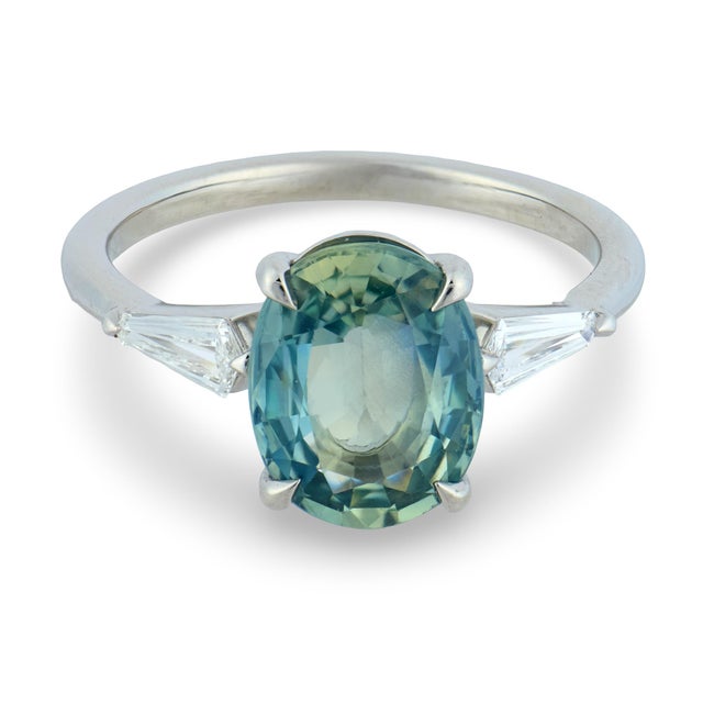 Modern Mid 20th Century Gia 2.60 Carat Teal Sapphire Diamond Platinum Engagement Ring, Size 6.5 For Sale - Image 3 of 7