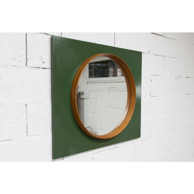Round Teak Wall Mirror on Green Rectangular Board, 1960s For Sale - Image 4 of 18