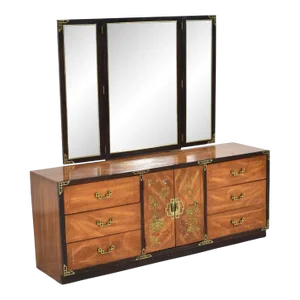 1970s Hand Painted Campaign Style Credenza Dresser With Chinoiserie Detailing and Mirror