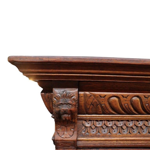 English Jacobean Carved Oak Sideboard With Ornate Stained Glass C1900 For Sale - Image 9 of 16