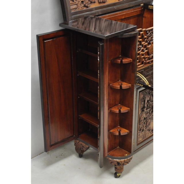 Vintage J L George Zee Style Chinese Figural Carved Teak Wood Flip Top Dry Bar Cabinet, Attributed For Sale - Image 18 of 18