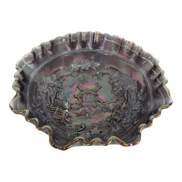 Imperial Carnival Glass Windmill Purple Smoke Ruffled Edge Bowl Candy Dish For Sale