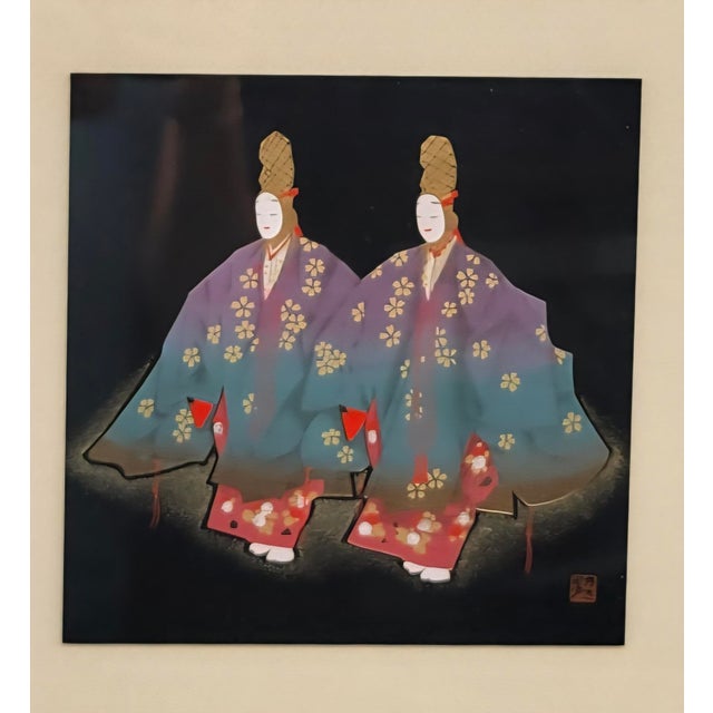 Suberb Japanese Urushi Lacquer Painting Takaoka Lacquer, Representing Two Dancers from the Noh Theatre by Multi Award...