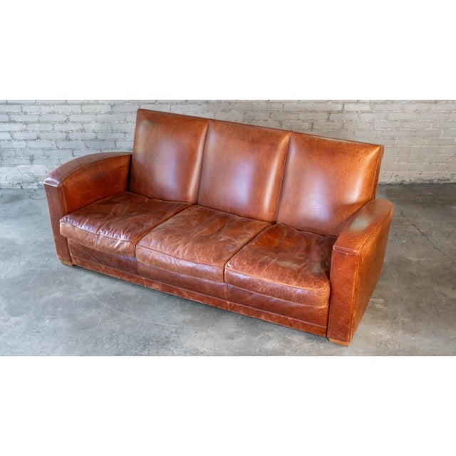 Vintage Art Deco Cognac Leather Sofa For Sale - Image 10 of 16