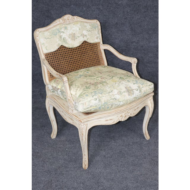 Wood Pair Louis XV Style French Cream Distressed Painted Cane Back Armchairs For Sale - Image 7 of 16