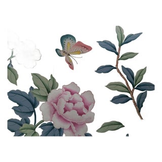 Silver Foil Floral Butterfly Wallpaper Sample, Hand Painted Botanical Mural Wallpaper Panel, Luxury Metallic Chinoiserie Wall Covering For Sale