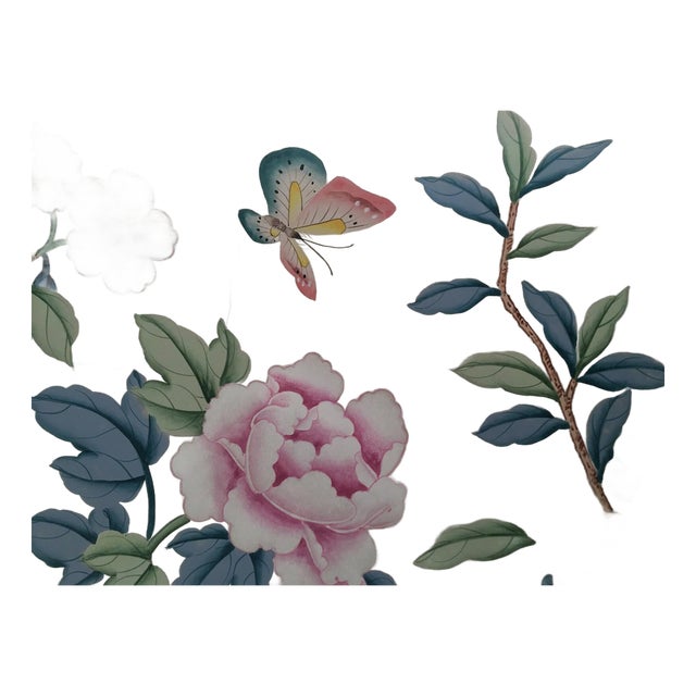 Silver Foil Floral Butterfly Wallpaper Sample, Hand Painted Botanical Mural Wallpaper Panel, Luxury Metallic Chinoiserie Wall Covering For Sale