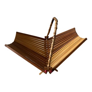 1970s Mid Century Teak Folding Basket With Bamboo Handle For Sale