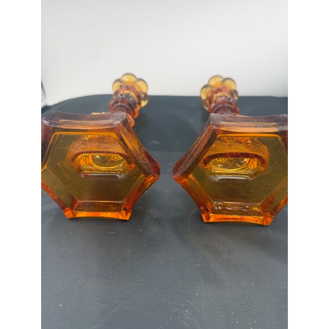 1950s Pair of Amber Colored Glass Dolphin Candlesticks For Sale In New York - Image 6 of 6