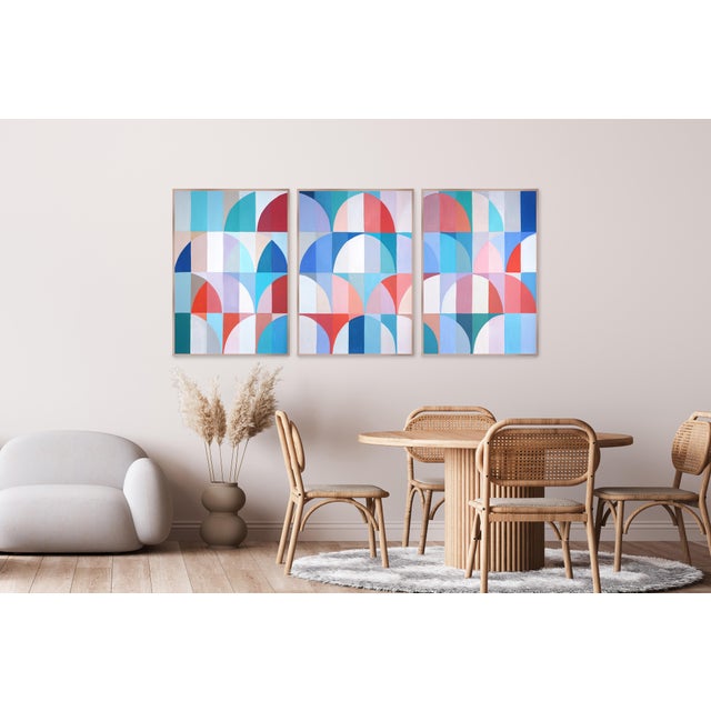 Paper Modern Abstract Triptych of Geometric Grid Patterns, Bauhaus Bright Summer, Acrylic Paint on Watercolor Paper by Natalia Roman, 2026 For Sale - Image 7 of 11