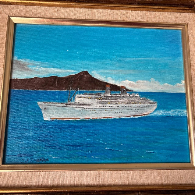 Original 1970s James J. Takara Oil Painting: "Ss Lurline at Diamond Head" in Faux Bamboo Frame - Hollywood Regency Style For Sale In San Diego - Image 6 of 7