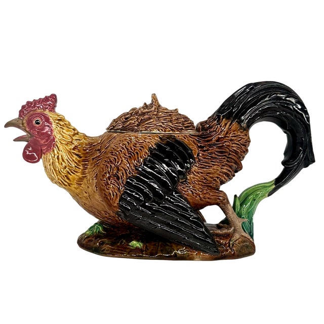 A George Jones Majolica Rooster (Cockerel) teapot, English, ca. 1872, naturalistically modeled as a running cockerel, the...