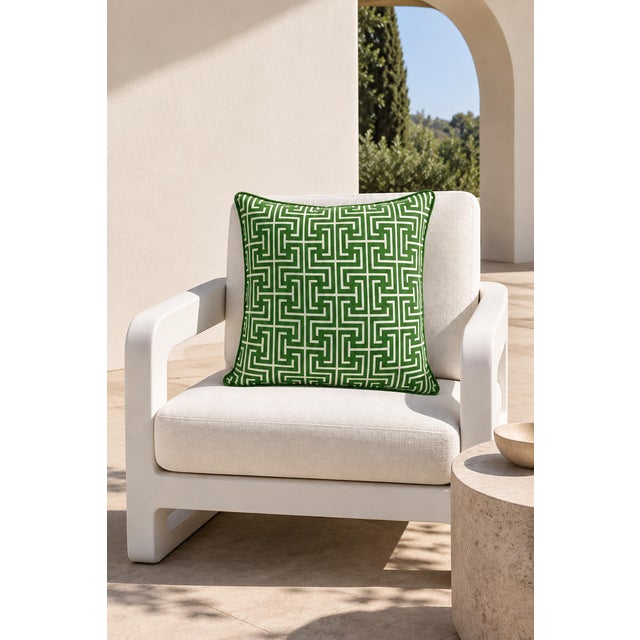 Mediterranean Outdoor Geometric Grass Green Pillow For Sale - Image 3 of 3