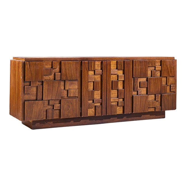 Lane Staccato Brutalist Mid Century Walnut Lowboy Dresser For Sale